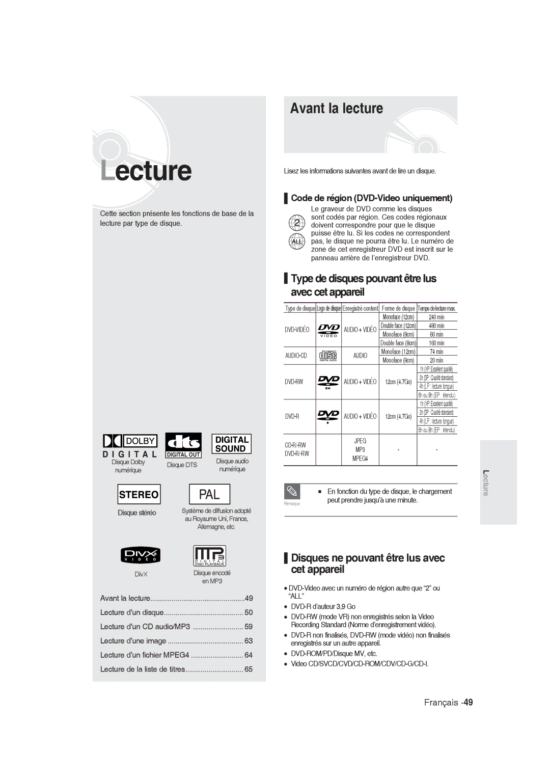 Samsung DVD-R129/XEG, DVD-R128/XET, DVD-R128/XEG manual Avant la lecture, Type de disques pouvant être lus avec cet appareil 