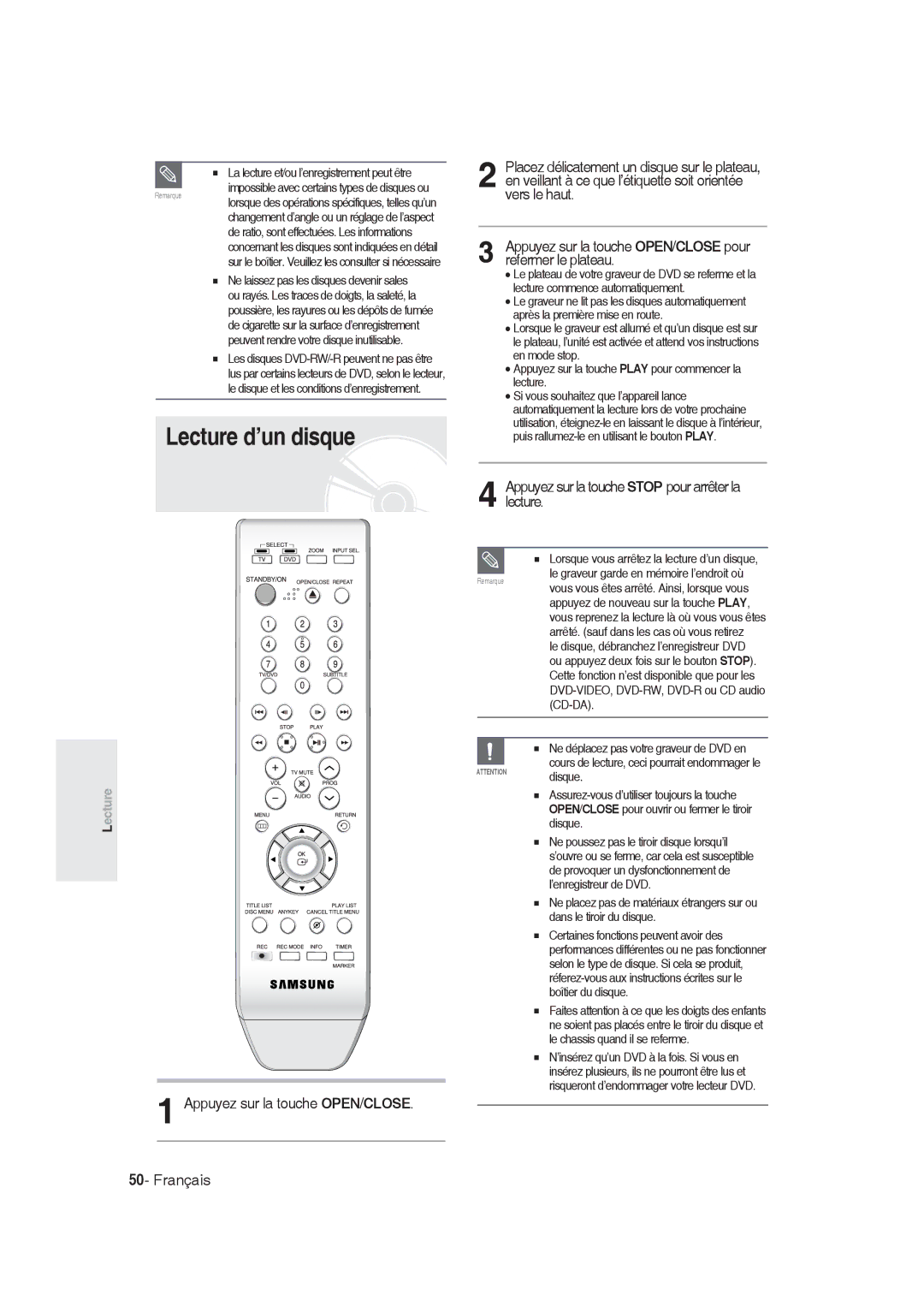 Samsung DVD-R129/XEB Lecture d’un disque, Appuyez sur la touche OPEN/CLOSE, Puis rallumez-le en utilisant le bouton Play 