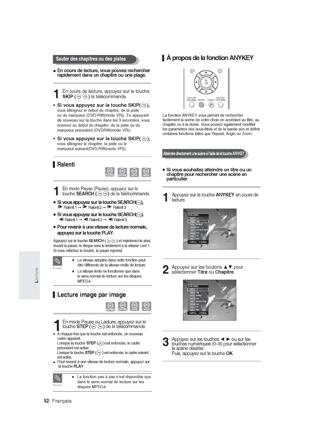 Samsung DVD-R128/XEB Ralenti, Propos de la fonction Anykey, Lecture image par image, Sauter des chapitres ou des pistes 