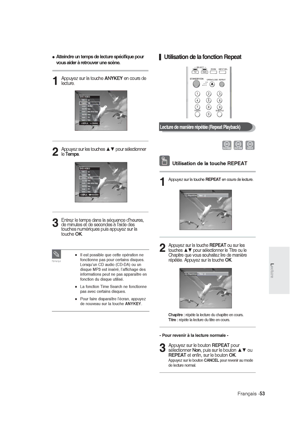 Samsung DVD-R129/EUR, DVD-R128/XET manual Utilisation de la fonction Repeat, Lecture de manière répétée Repeat Playback 