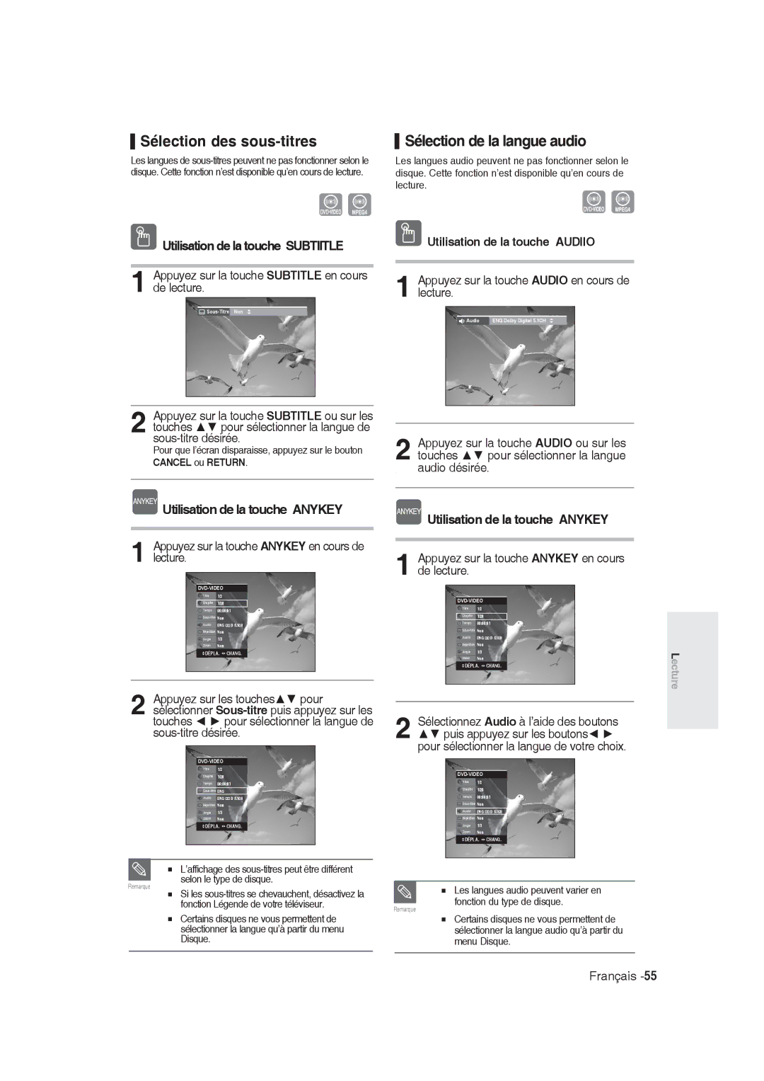 Samsung DVD-R130/EUR manual Sélection des sous-titres Sélection de la langue audio, Utilisation de la touche Subtiitle 