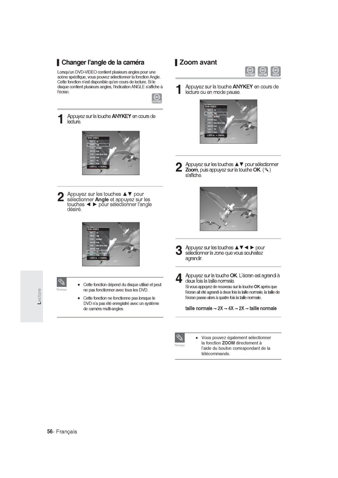 Samsung DVD-R128/XET, DVD-R128/XEG manual Changer l’angle de la caméra, Zoom avant, Taille normale 2X 4X 2X taille normale 