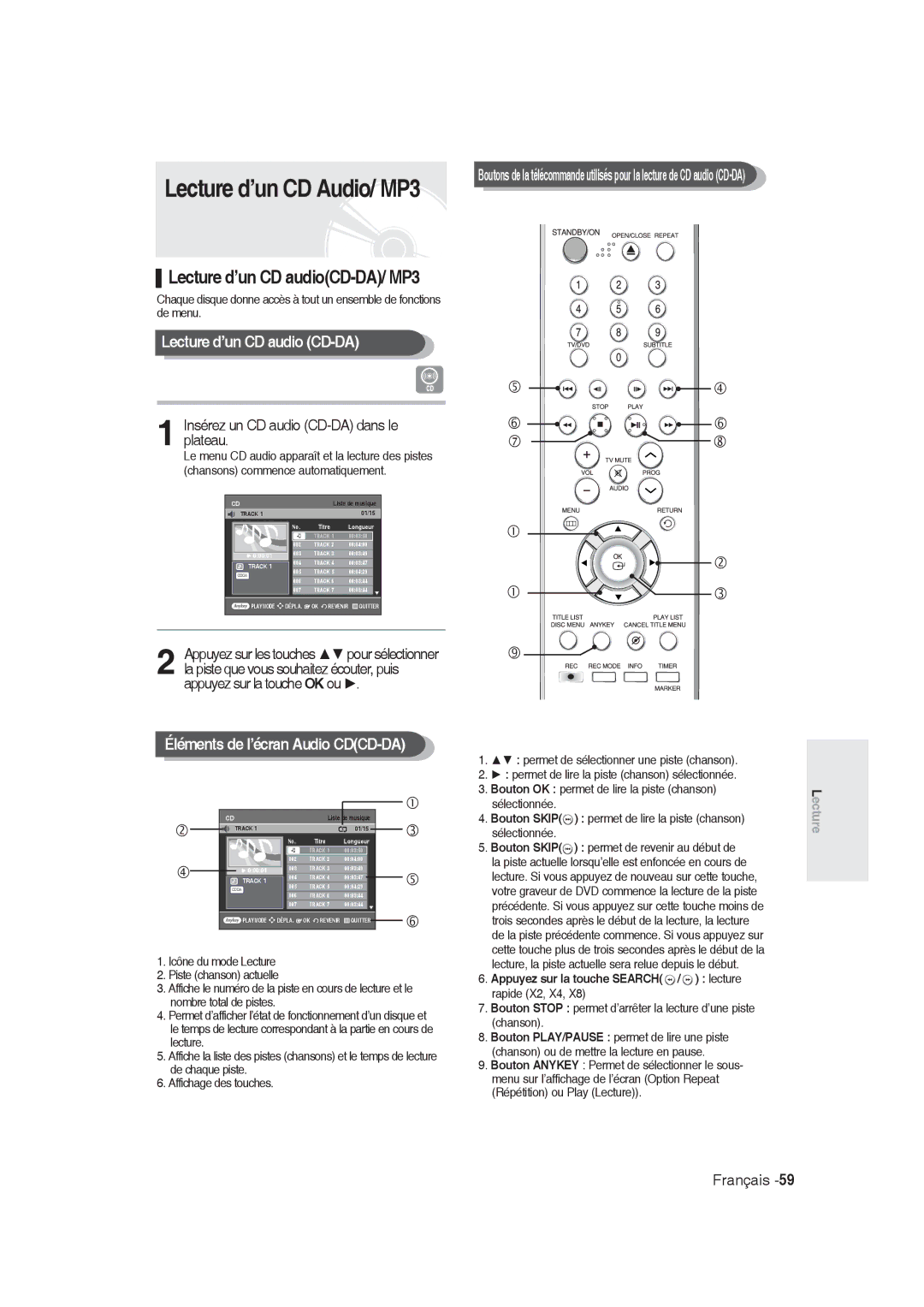 Samsung DVD-R129/XEB, DVD-R128/XET, DVD-R128/XEG manual Lecture d’un CD audio CD-DA, Éléments de l’écran Audio CDCD-DA 