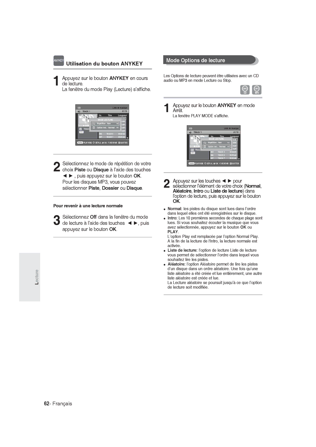 Samsung DVD-R129/EUR Utilisation du bouton Anykey, Mode Options de lecture, Appuyez sur le bouton Anykey en mode Arrêt 