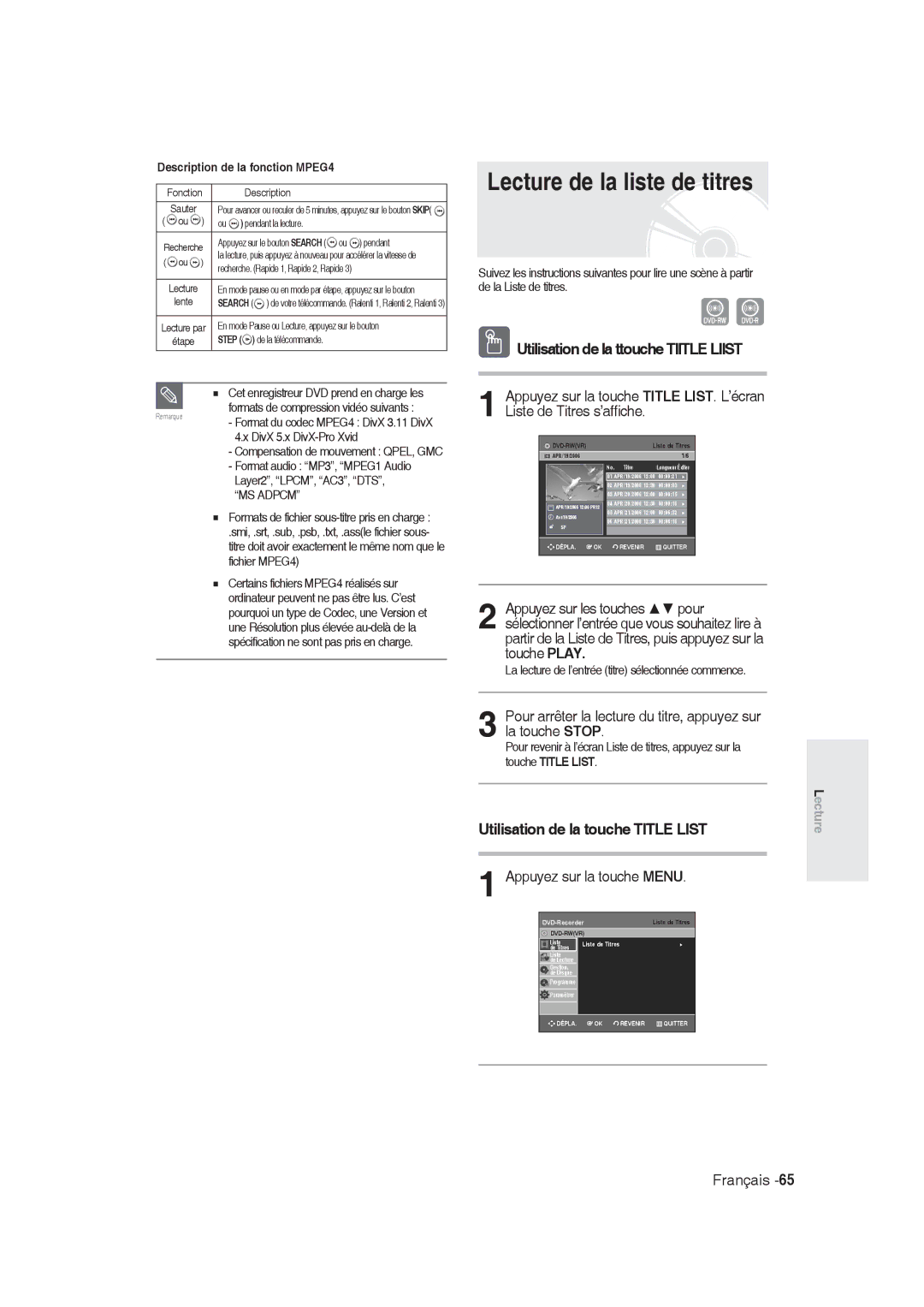 Samsung DVD-R128/XET Lecture de la liste de titres, Utilisation de la ttouche Tiitle Liist, Appuyez sur la touche Menu 