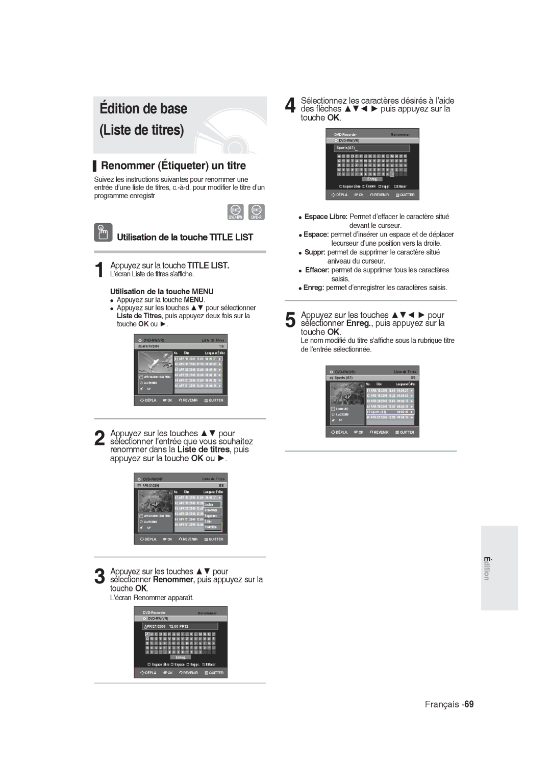 Samsung DVD-R130/XEG, DVD-R128/XET Renommer Étiqueter un titre, Utilisation de la touche Menu, ’écran Renommer apparaît 