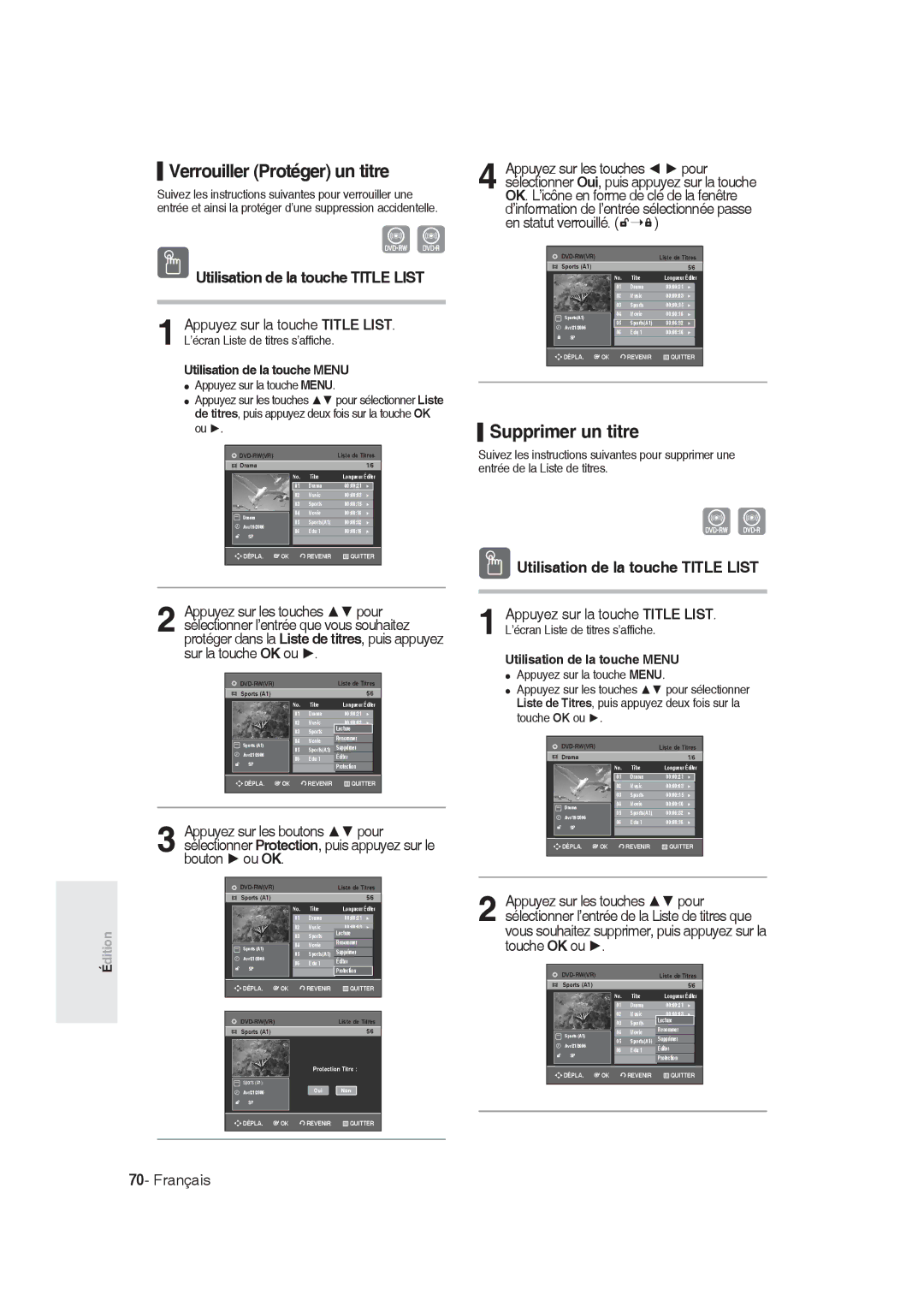 Samsung DVD-R128/XEB manual Verrouiller Protéger un titre, Supprimer un titre, Appuyez sur la touche Menu, Touche OK ou 