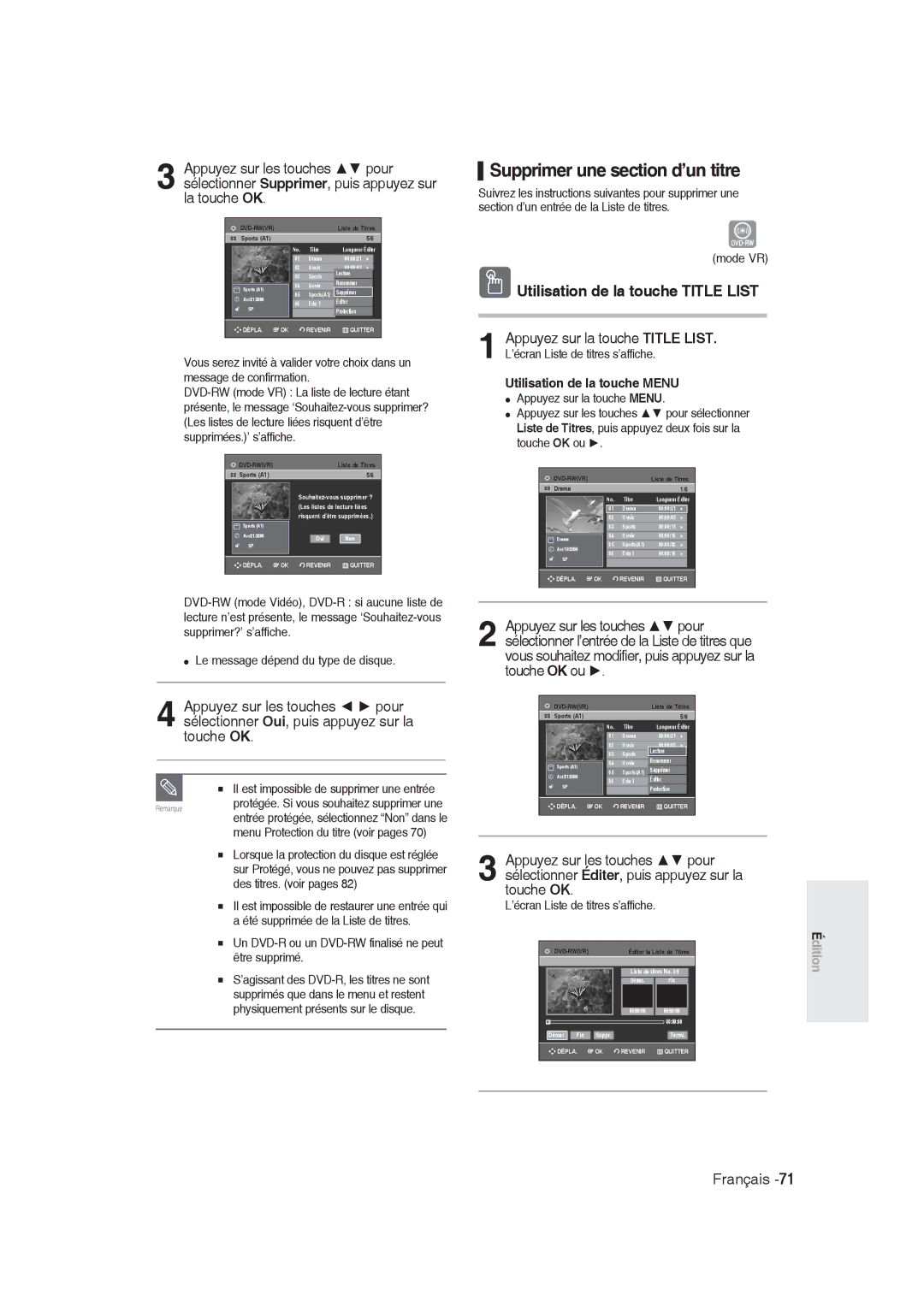 Samsung DVD-R129/EUR, DVD-R128/XET manual Supprimer une section d’un titre, LI est impossible de supprimer une entrée 