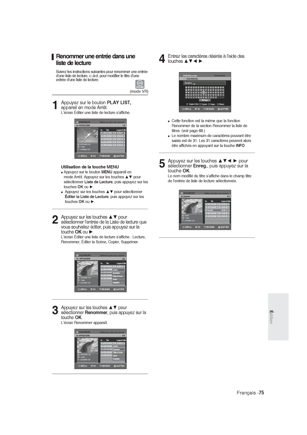 Samsung DVD-R128/XEG Renommer une entrée dans une liste de lecture, Entrez les caractères désirés à l’aide des touches 