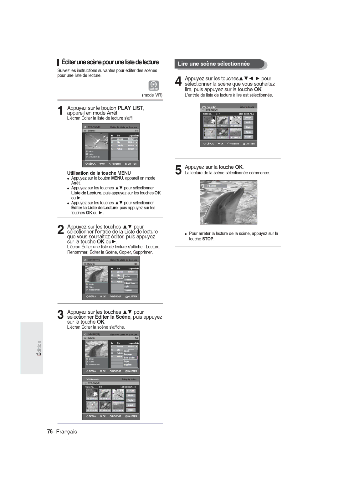 Samsung DVD-R129/XEG, DVD-R128/XET, DVD-R128/XEG manual Éditerunescènepourunelistedelecture, Lire une scène sélectionnée 