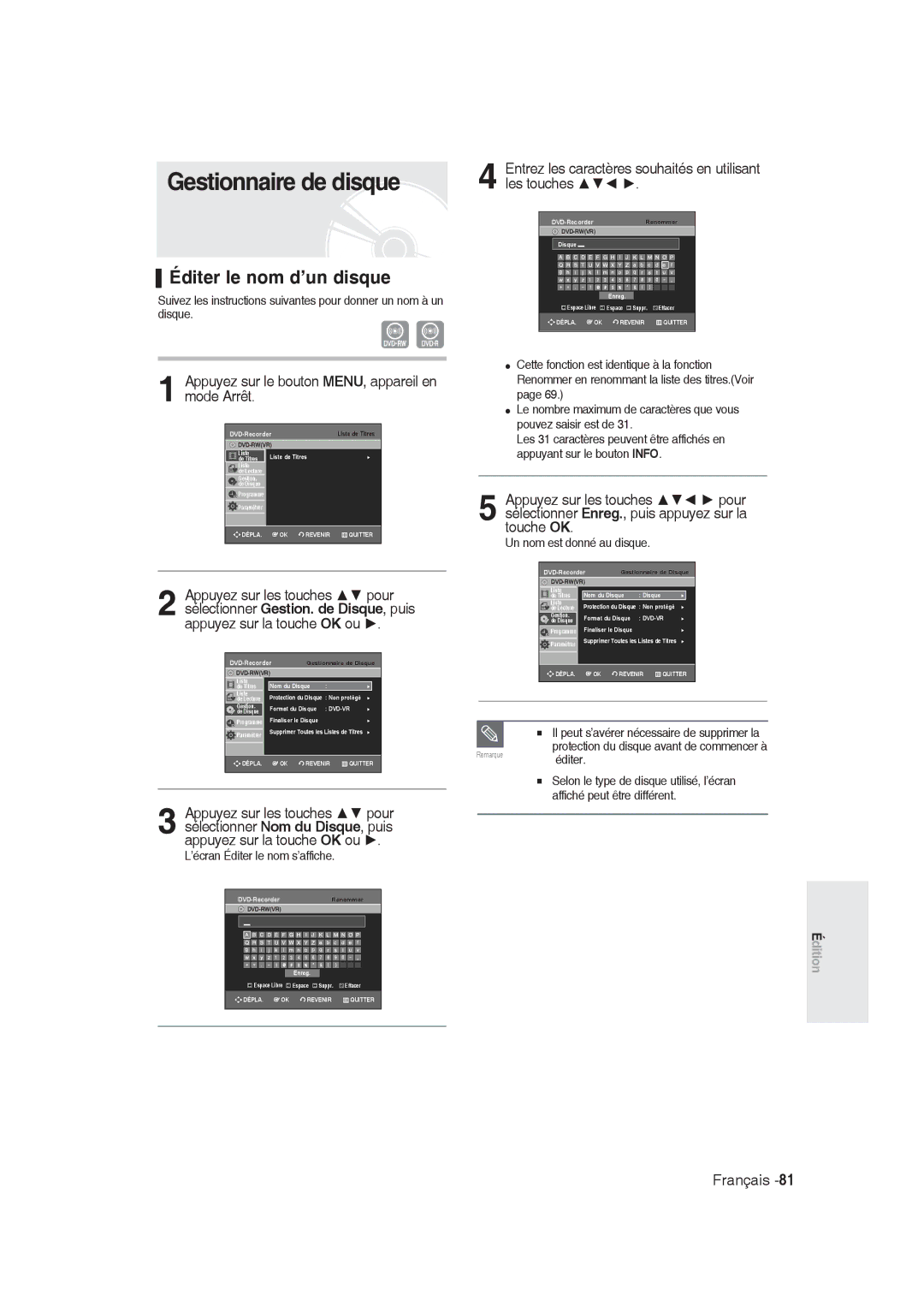 Samsung DVD-R128/EUR, DVD-R128/XET manual Gestionnaire de disque, Éditer le nom d’un disque, Un nom est donné au disque 