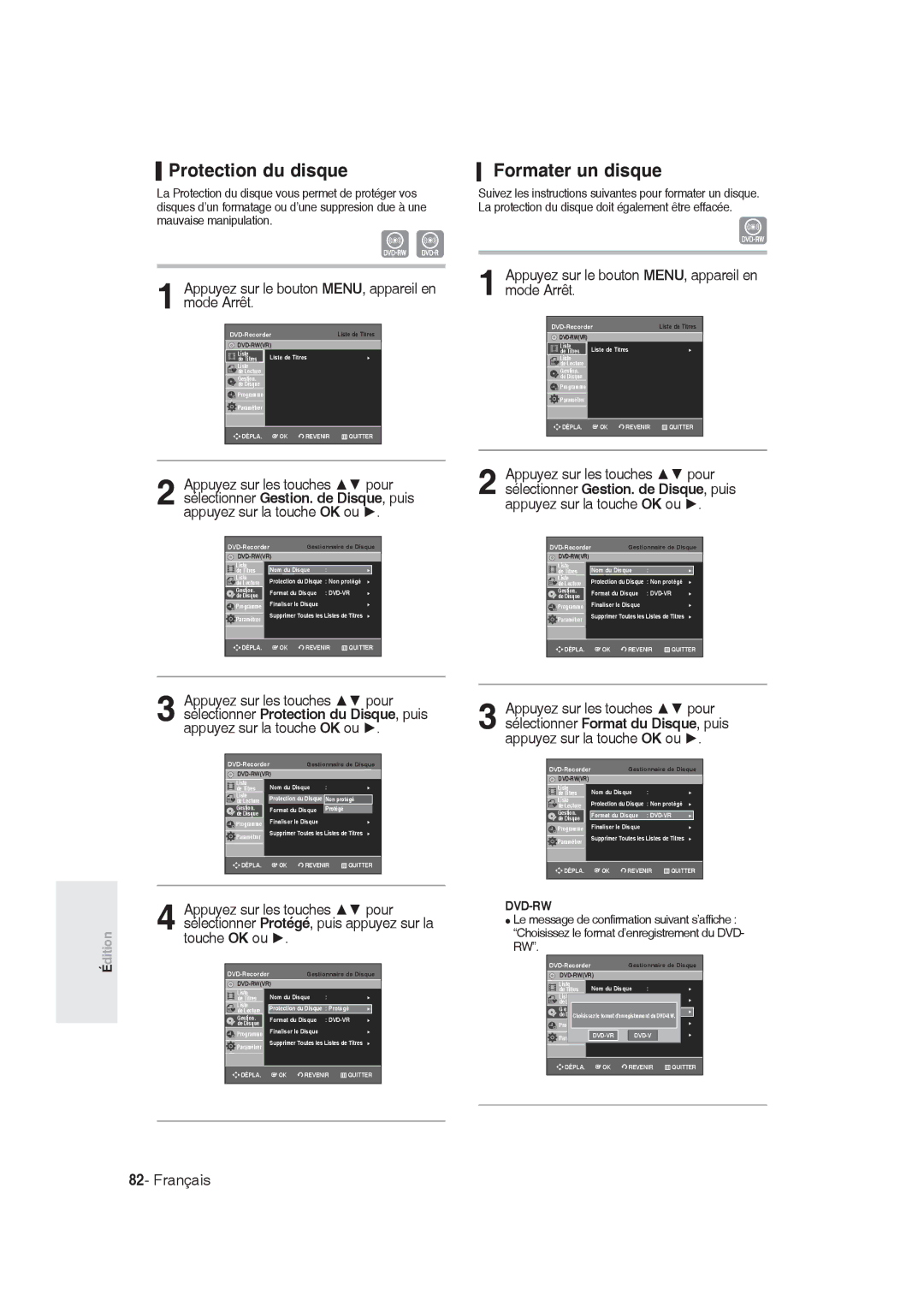 Samsung DVD-R130/EUR manual Protection du disque Formater un disque, La Protection du disque vous permet de protéger vos 