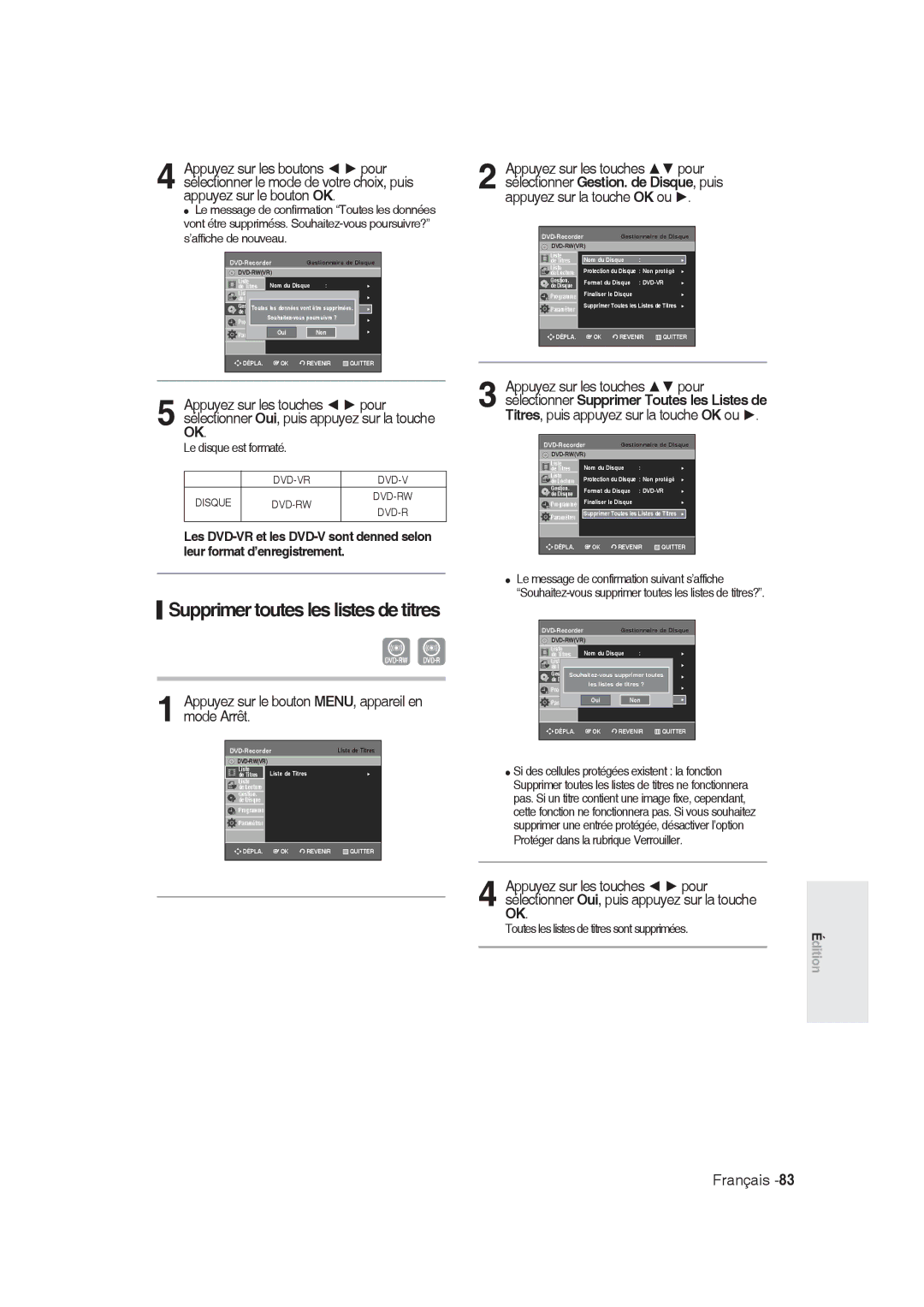 Samsung DVD-R128/XET, DVD-R128/XEG manual Supprimer toutes les listes de titres, ’affiche de nouveau, Le disque est formaté 