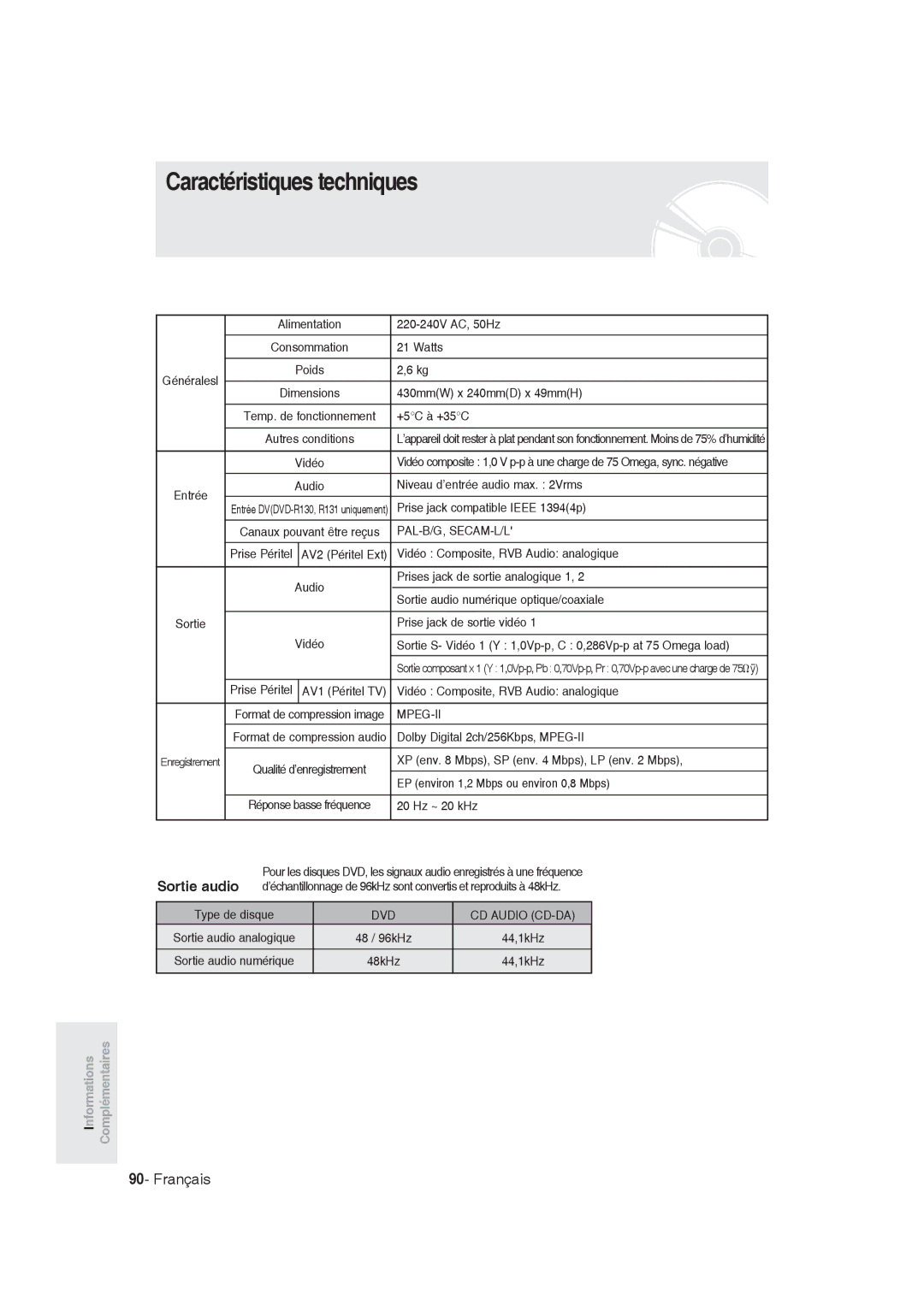 Samsung DVD-R128/EUR, DVD-R128/XET, DVD-R128/XEG, DVD-R129/XEG, DVD-R129/XEB manual Caractéristiques techniques, Sortie audio 