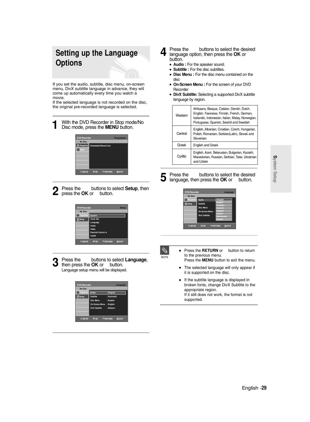 Samsung DVD-R129/XEG, DVD-R128/XET, DVD-R128/XEG Setting up the Language Options, Press the Return or œ button to return 