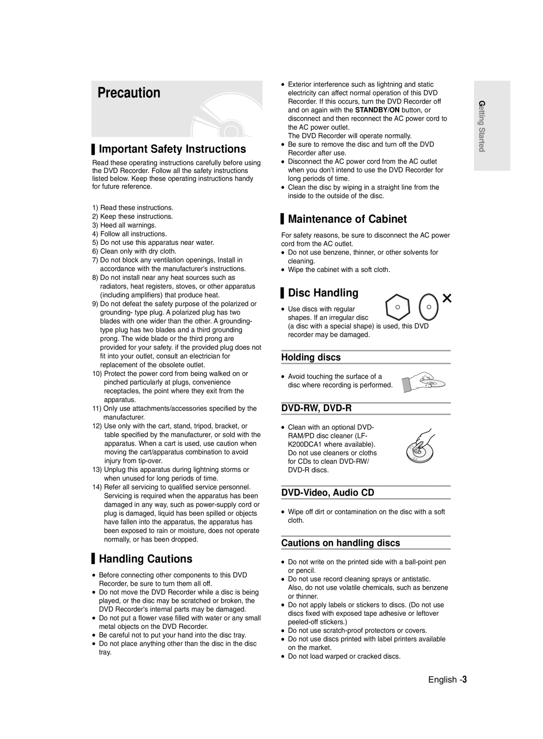 Samsung DVD-R129/XEB Precaution, Important Safety Instructions, Handling Cautions, Maintenance of Cabinet, Disc Handling 