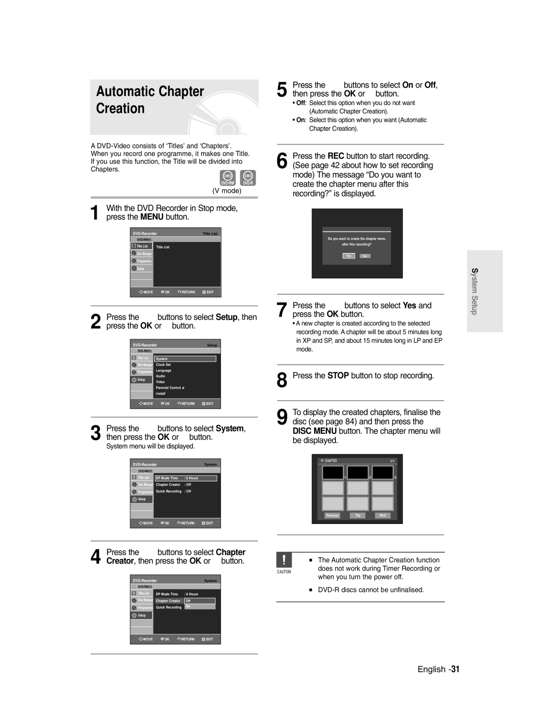 Samsung DVD-R130/XEG, DVD-R128/XET Automatic Chapter Creation, With the DVD Recorder in Stop mode, press the Menu button 