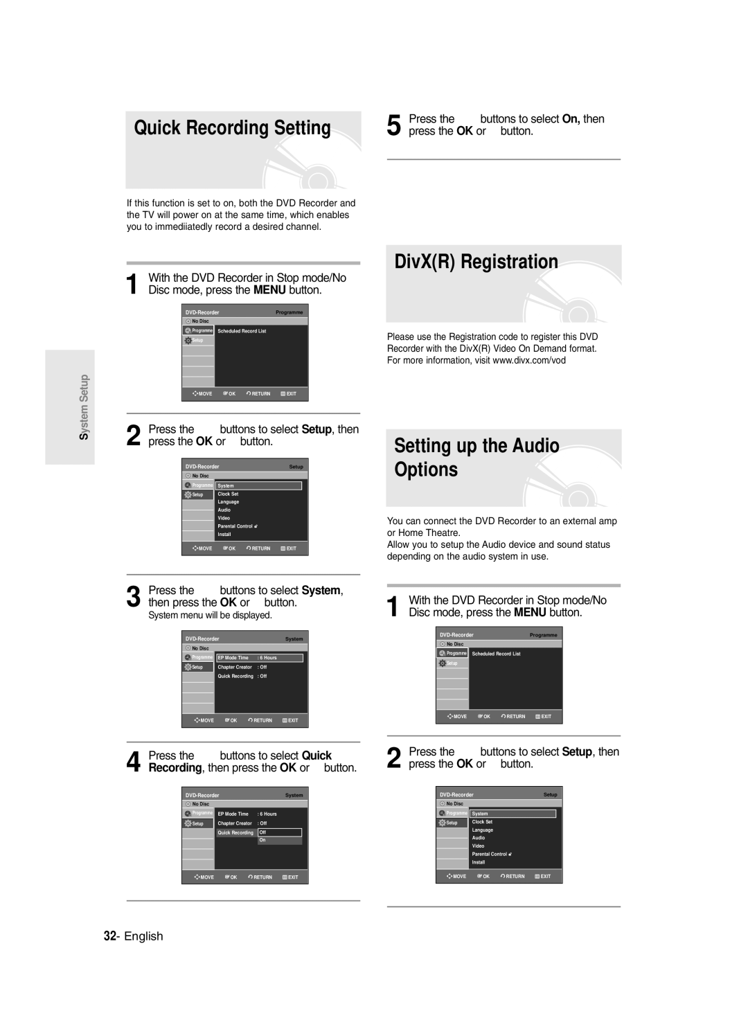 Samsung DVD-R128/XEB, DVD-R128/XET, DVD-R128/XEG DivXR Registration, Setting up the Audio Options, Press the OK or √ button 