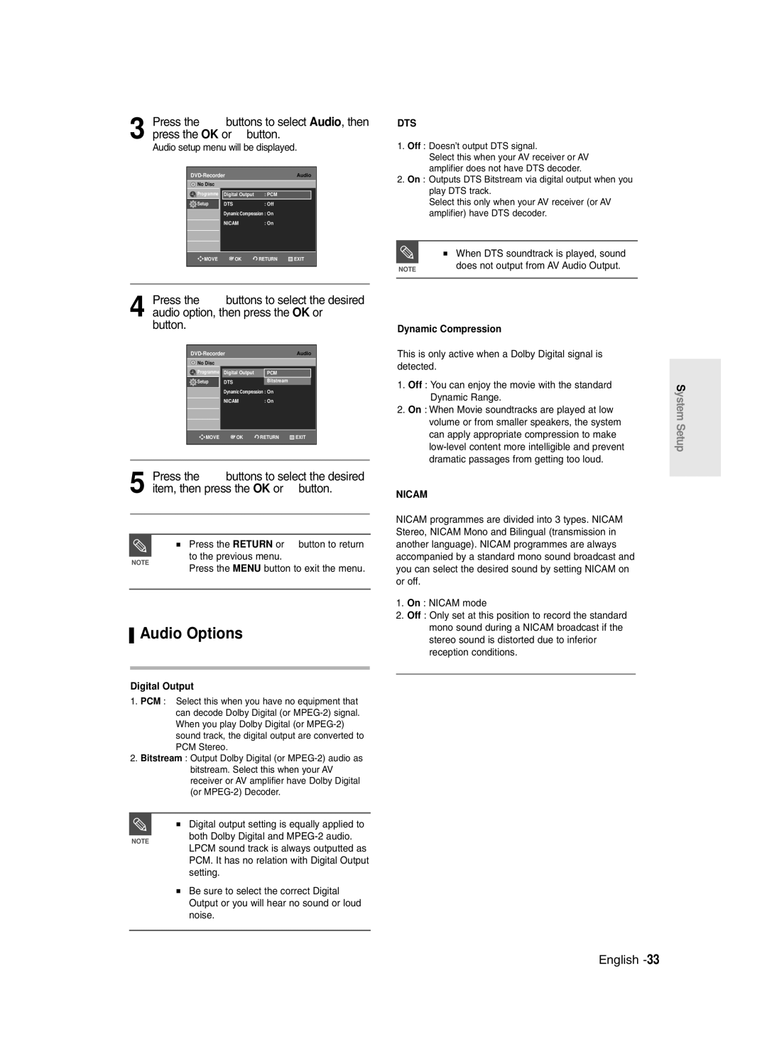 Samsung DVD-R129/EUR manual Audio Options, Press the …† buttons to select Audio, then, Audio setup menu will be displayed 