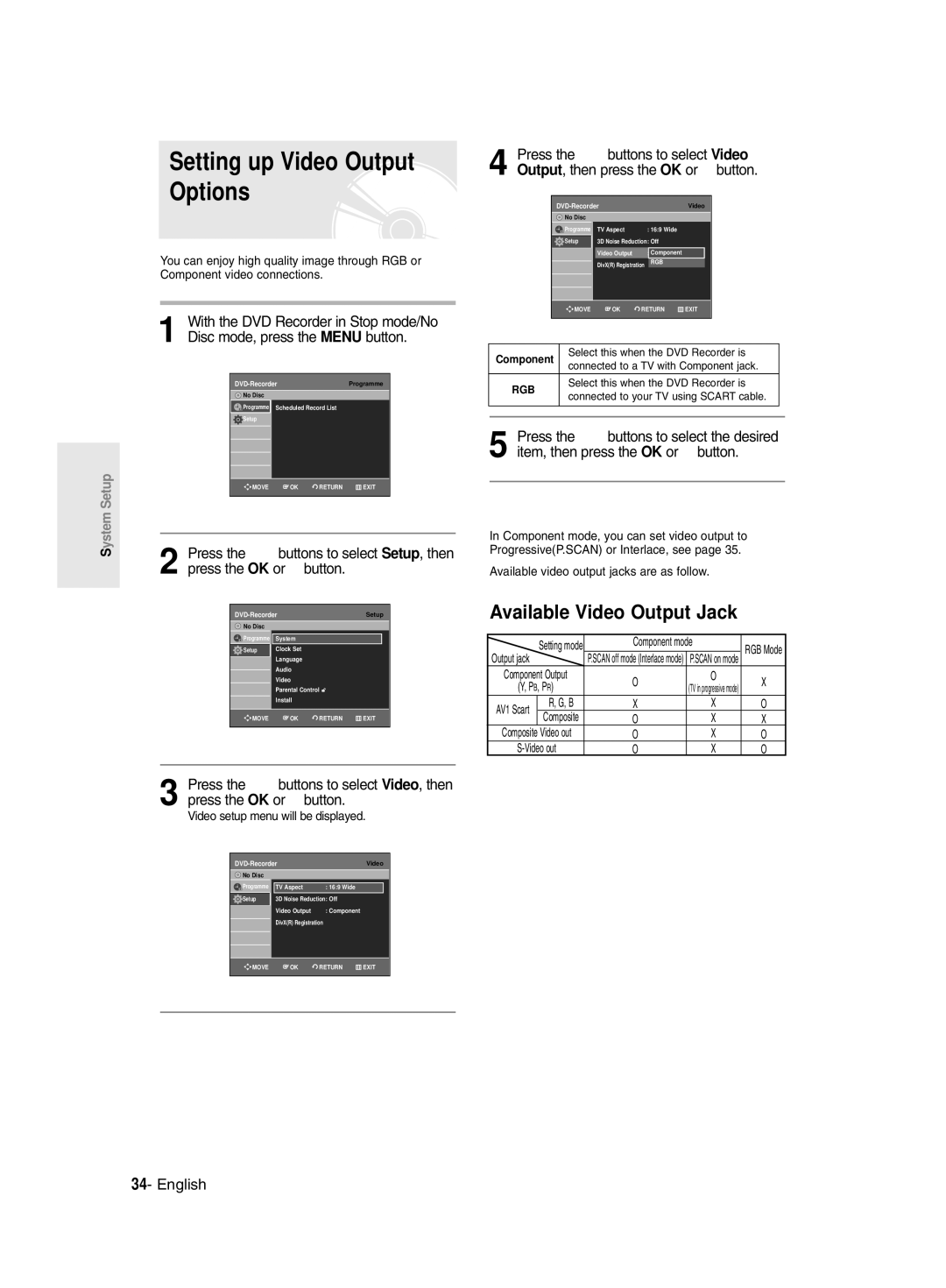 Samsung DVD-R128/EUR Setting up Video Output Options, Available Video Output Jack, Video setup menu will be displayed 