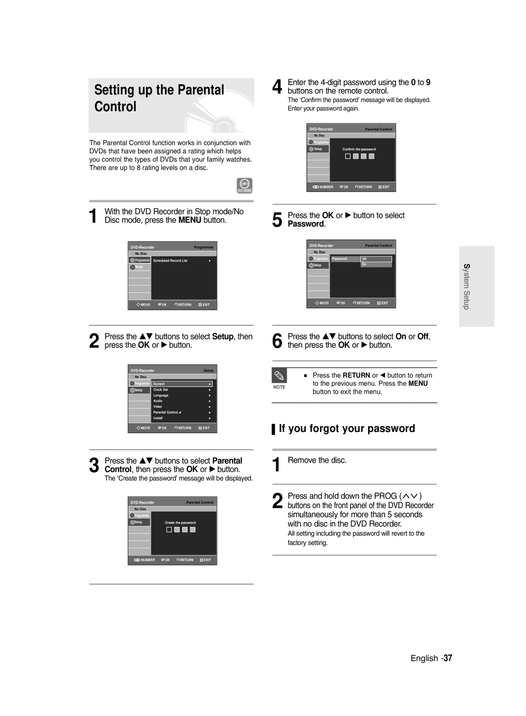 Samsung DVD-R128/XEG, DVD-R128/XET manual Setting up the Parental Control, If you forgot your password, Remove the disc 