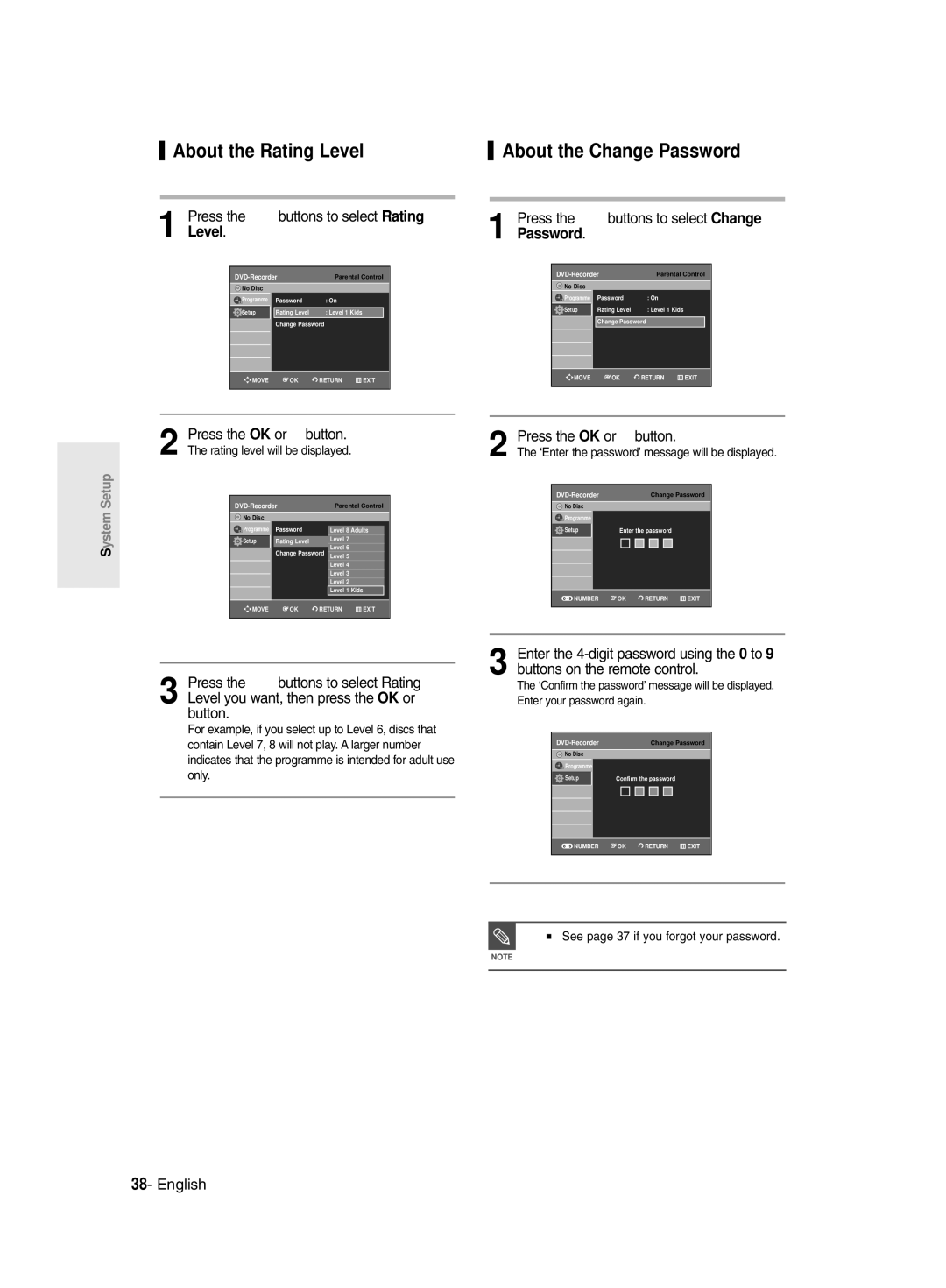 Samsung DVD-R129/XEG manual About the Rating Level, About the Change Password, Press the …† buttons to select Rating Level 