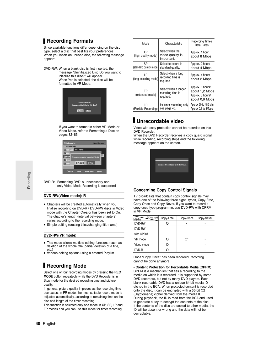 Samsung DVD-R130/XEG, DVD-R128/XET, DVD-R128/XEG, DVD-R129/XEG manual Recording Formats, Recording Mode, Unrecordable video 