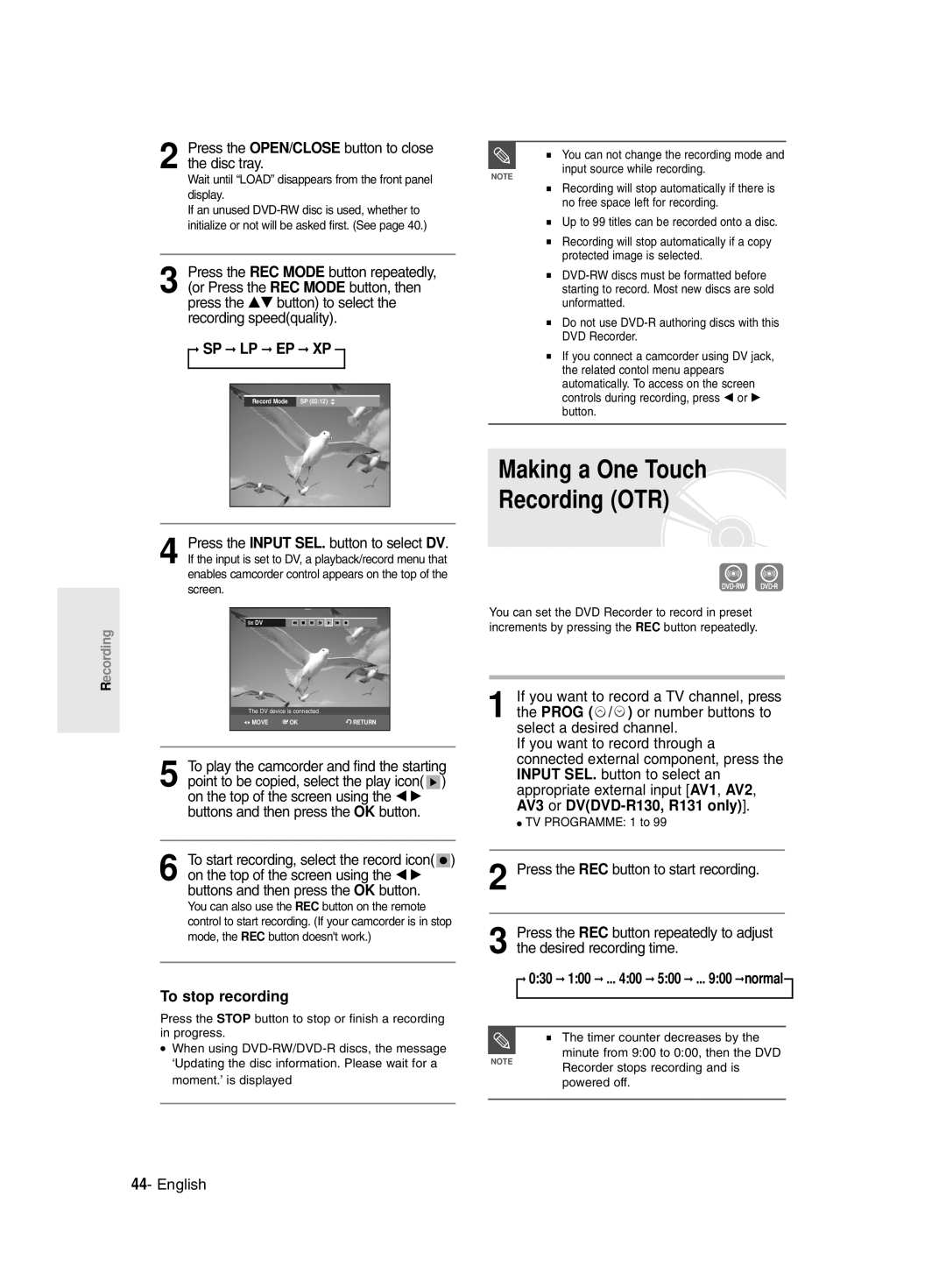 Samsung DVD-R130/EUR, DVD-R128/XET, DVD-R128/XEG, DVD-R129/XEG manual Making a One Touch Recording OTR, TV Programme 1 to 