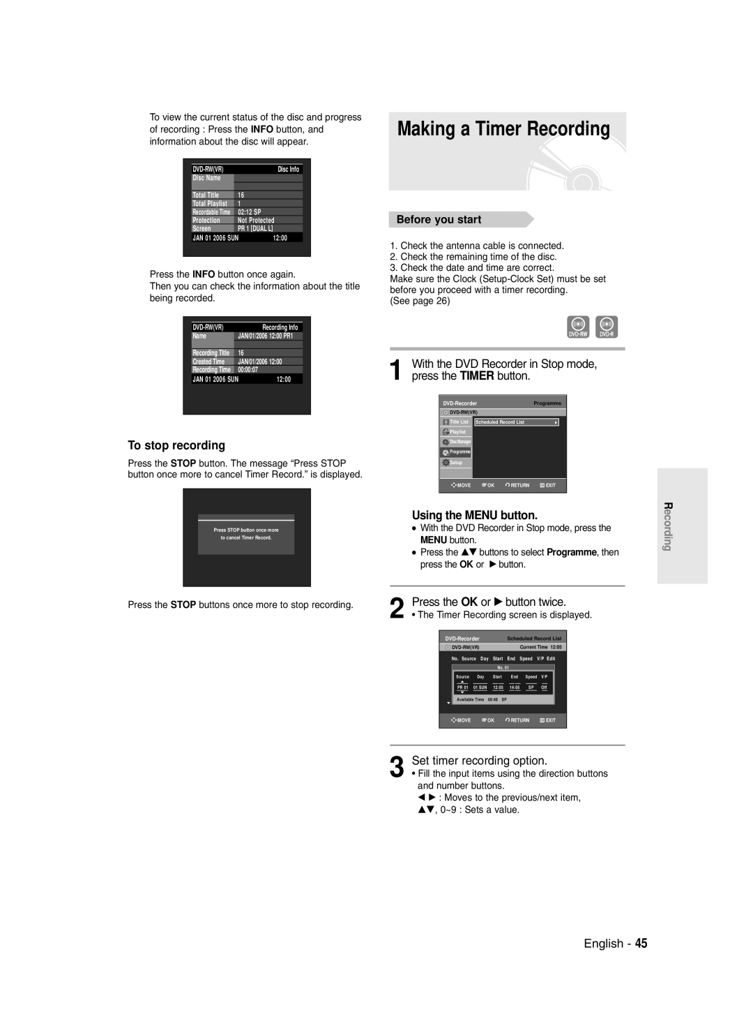 Samsung DVD-R128/XET, DVD-R128/XEG Making a Timer Recording, With the DVD Recorder in Stop mode, press the Timer button 