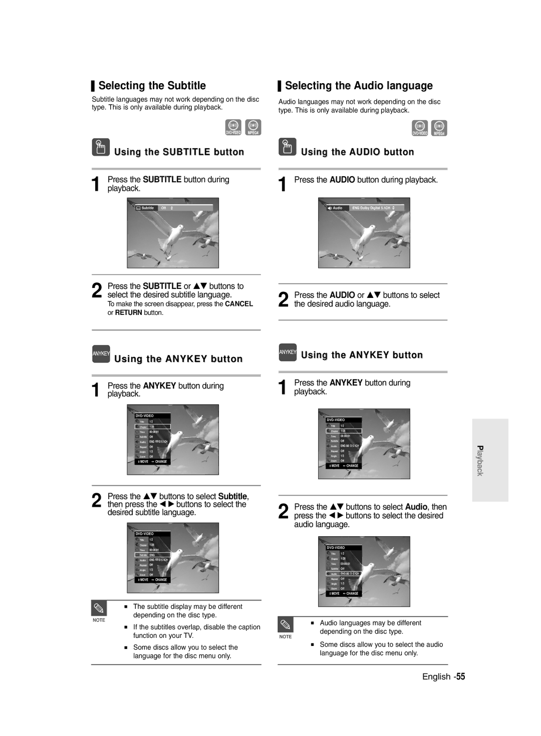 Samsung DVD-R128/XEG manual Selecting the Subtitle, Selecting the Audio language, Press the Subtitle button during playback 