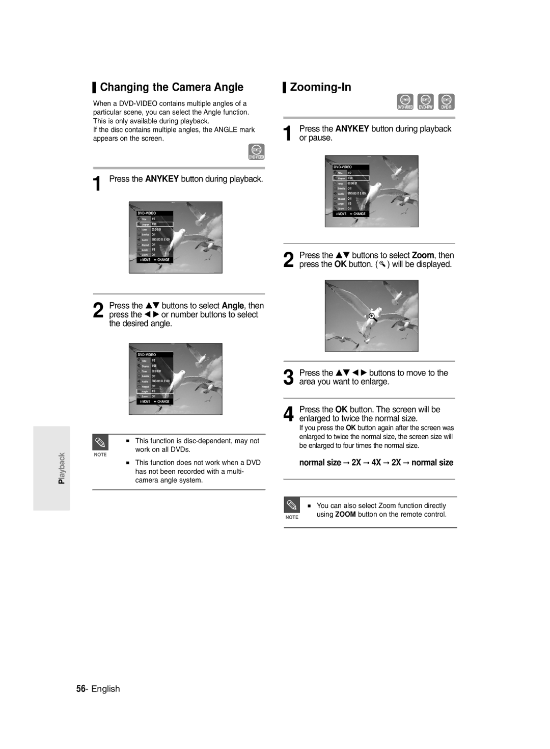 Samsung DVD-R129/XEG, DVD-R128/XET, DVD-R128/XEG, DVD-R129/XEB, DVD-R130/XEG Changing the Camera Angle Zooming-In, Or pause 