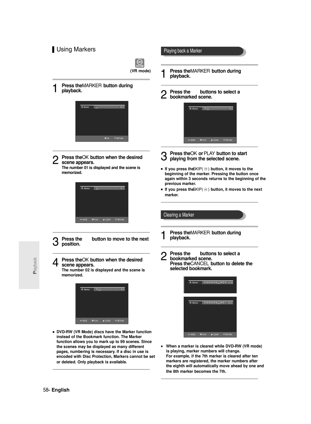 Samsung DVD-R130/XEG, DVD-R128/XET, DVD-R128/XEG, DVD-R129/XEG manual Using Markers, Playing back a Marker, Clearing a Marker 