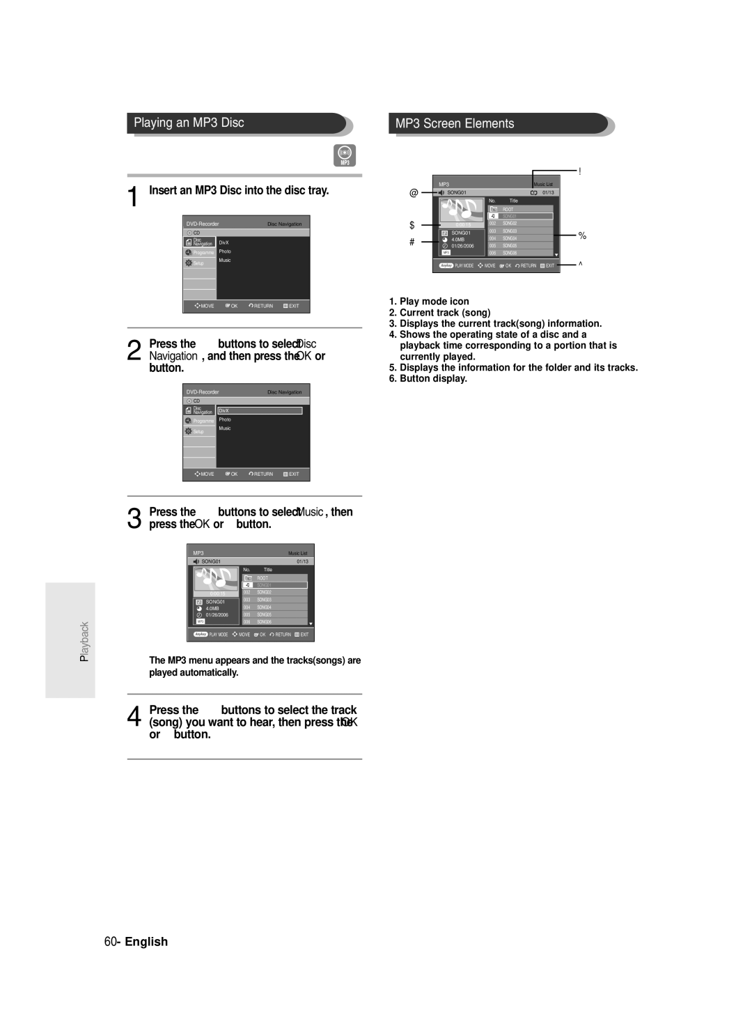 Samsung DVD-R129/EUR, DVD-R128/XET, DVD-R128/XEG, DVD-R129/XEG Playing an MP3 Disc, Insert an MP3 Disc into the disc tray 