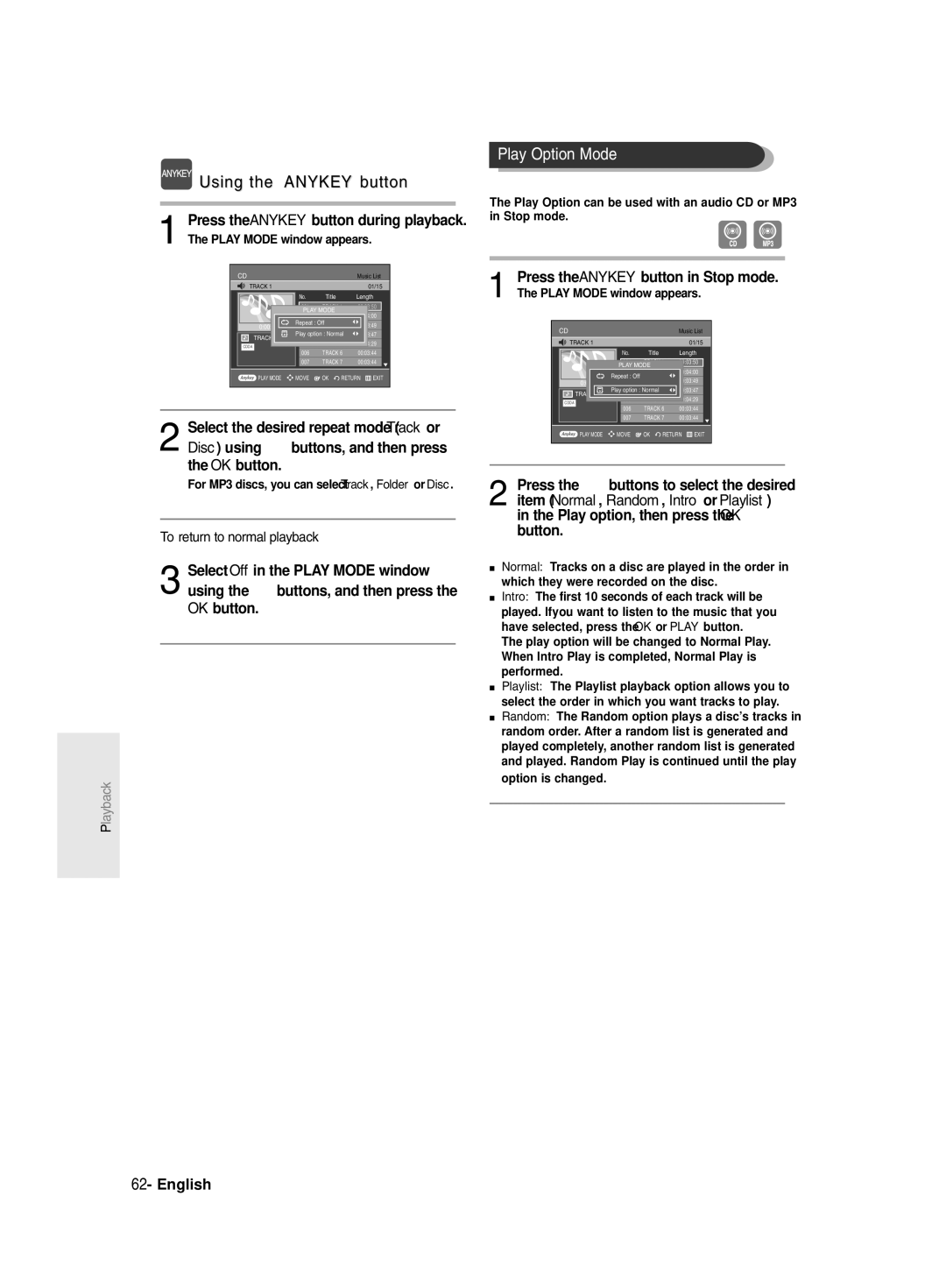 Samsung DVD-R130/EUR, DVD-R128/XET, DVD-R128/XEG manual Play Option Mode, For MP3 discs, you can select Track, Folder or Disc 