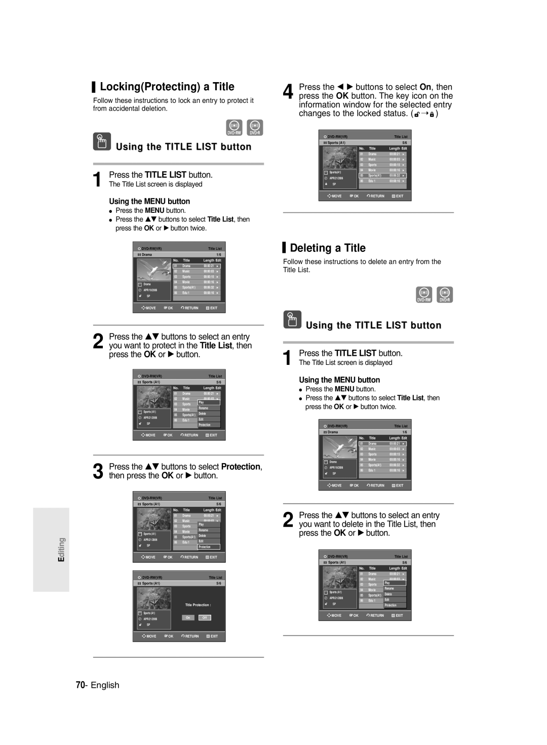 Samsung DVD-R128/EUR, DVD-R128/XET, DVD-R128/XEG, DVD-R129/XEG, DVD-R129/XEB manual LockingProtecting a Title, Deleting a Title 