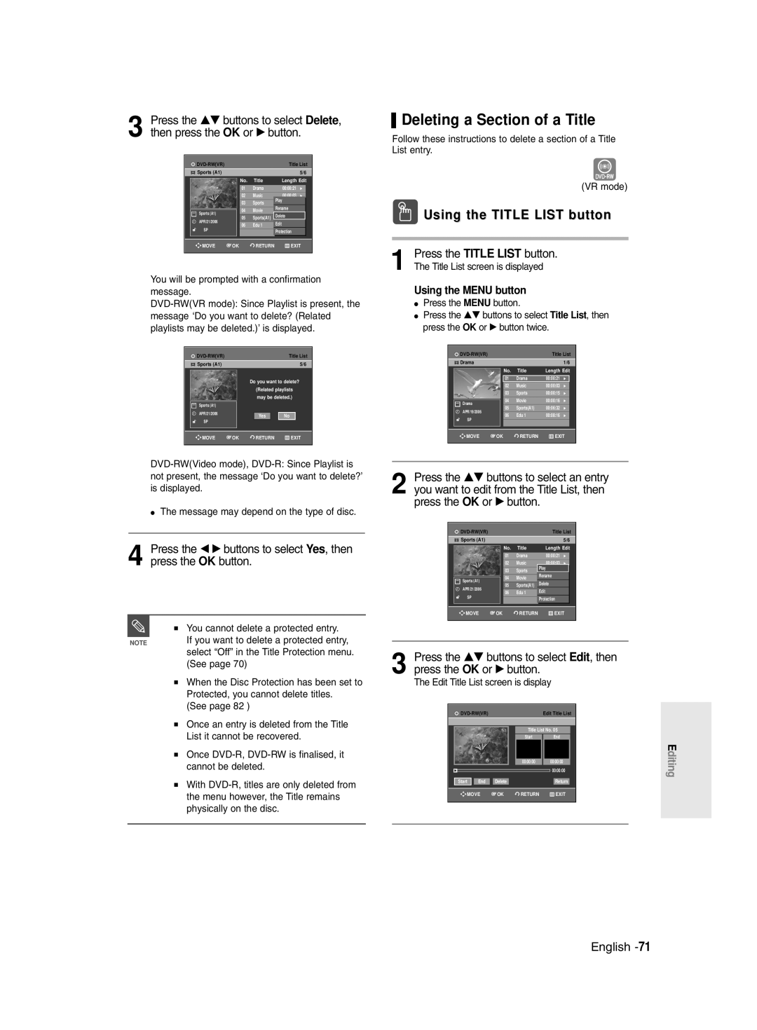 Samsung DVD-R130/EUR, DVD-R128/XET, DVD-R128/XEG manual Deleting a Section of a Title, Edit Title List screen is display 