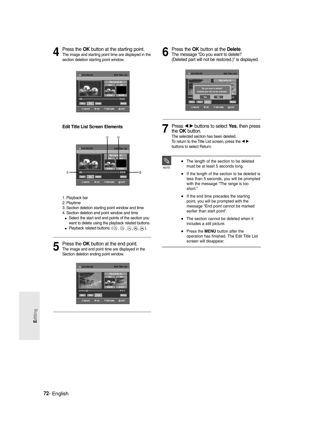 Samsung DVD-R128/XET Press œ √ buttons to select Yes, then press the OK button, Section deletion starting point window 