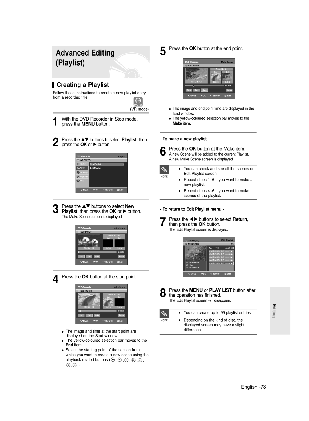 Samsung DVD-R128/XEG Creating a Playlist, Press the OK button at the start point, Press the OK button at the end point 