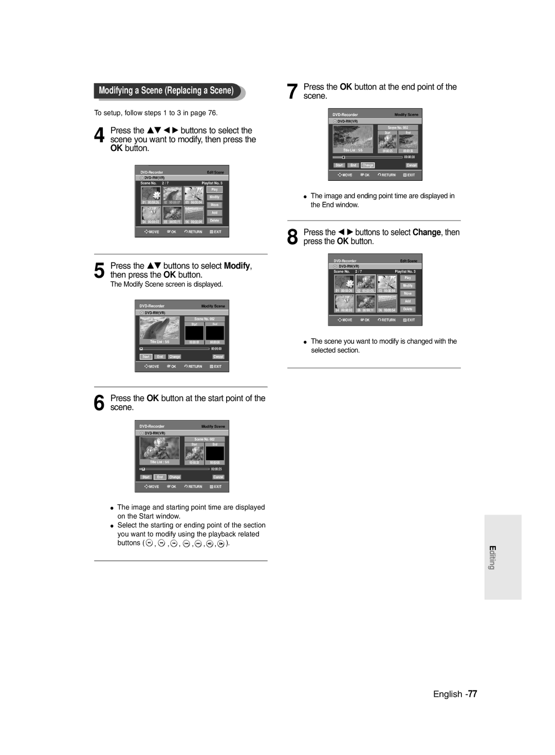 Samsung DVD-R128/XEB, DVD-R128/XET manual Press the OK button at the start point of the scene, To setup, follow steps 1 to 3 