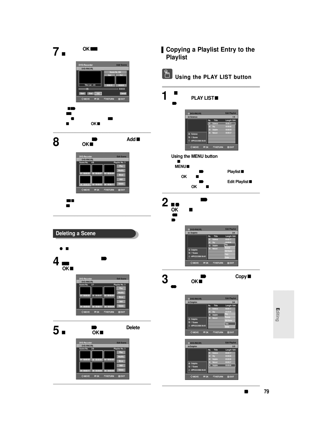 Samsung DVD-R128/EUR, DVD-R128/XET, DVD-R128/XEG, DVD-R129/XEG Copying a Playlist Entry to the Playlist, Deleting a Scene 