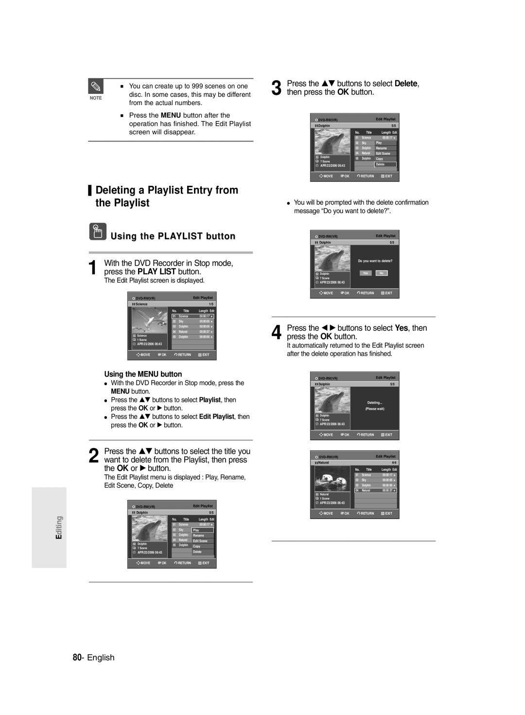 Samsung DVD-R130/EUR, DVD-R128/XET Deleting a Playlist Entry from the Playlist, You can create up to 999 scenes on one 