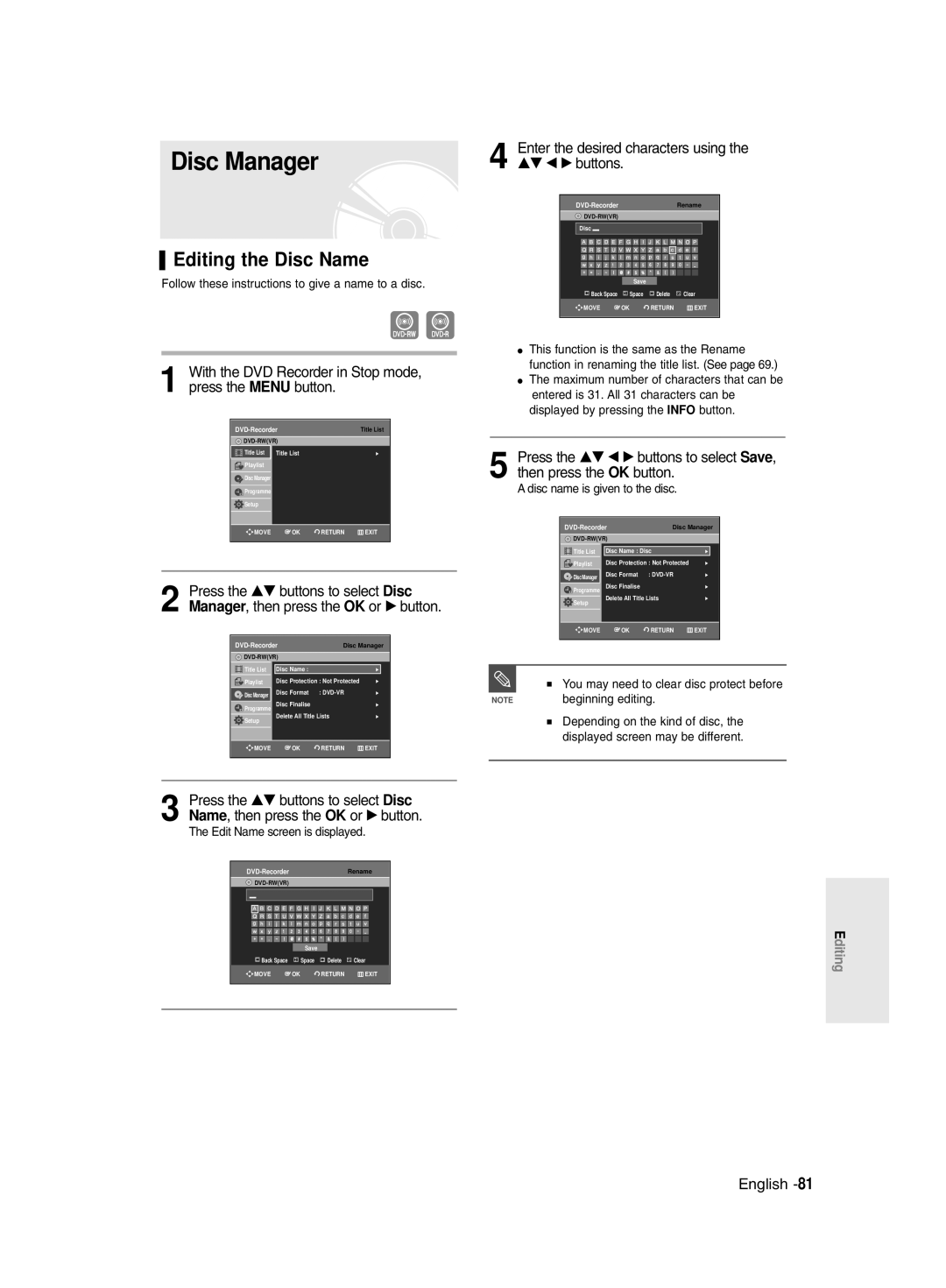 Samsung DVD-R128/XET, DVD-R128/XEG, DVD-R129/XEG, DVD-R129/XEB, DVD-R130/XEG, DVD-R128/XEB Disc Manager, Editing the Disc Name 