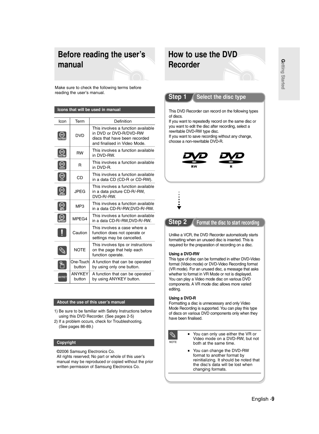 Samsung DVD-R128/XET Before reading the user’s, Manual Recorder, Select the disc type, Format the disc to start recording 