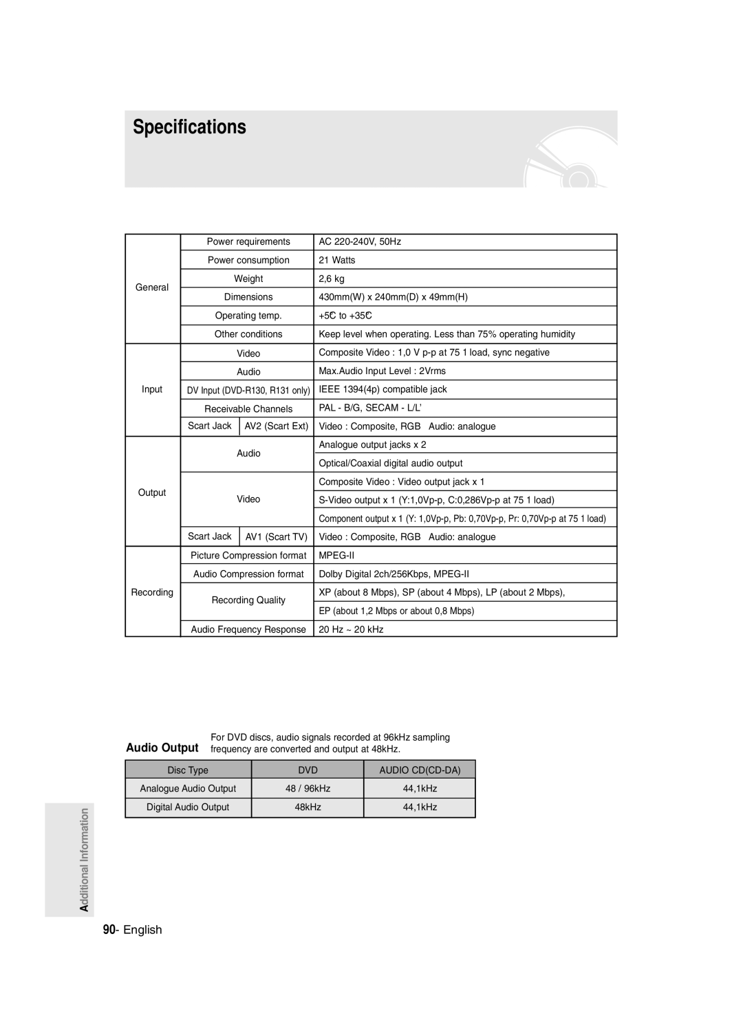 Samsung DVD-R128/XET, DVD-R128/XEG, DVD-R129/XEG, DVD-R129/XEB, DVD-R130/XEG, DVD-R128/XEB, DVD-R129/EUR manual Specifications 