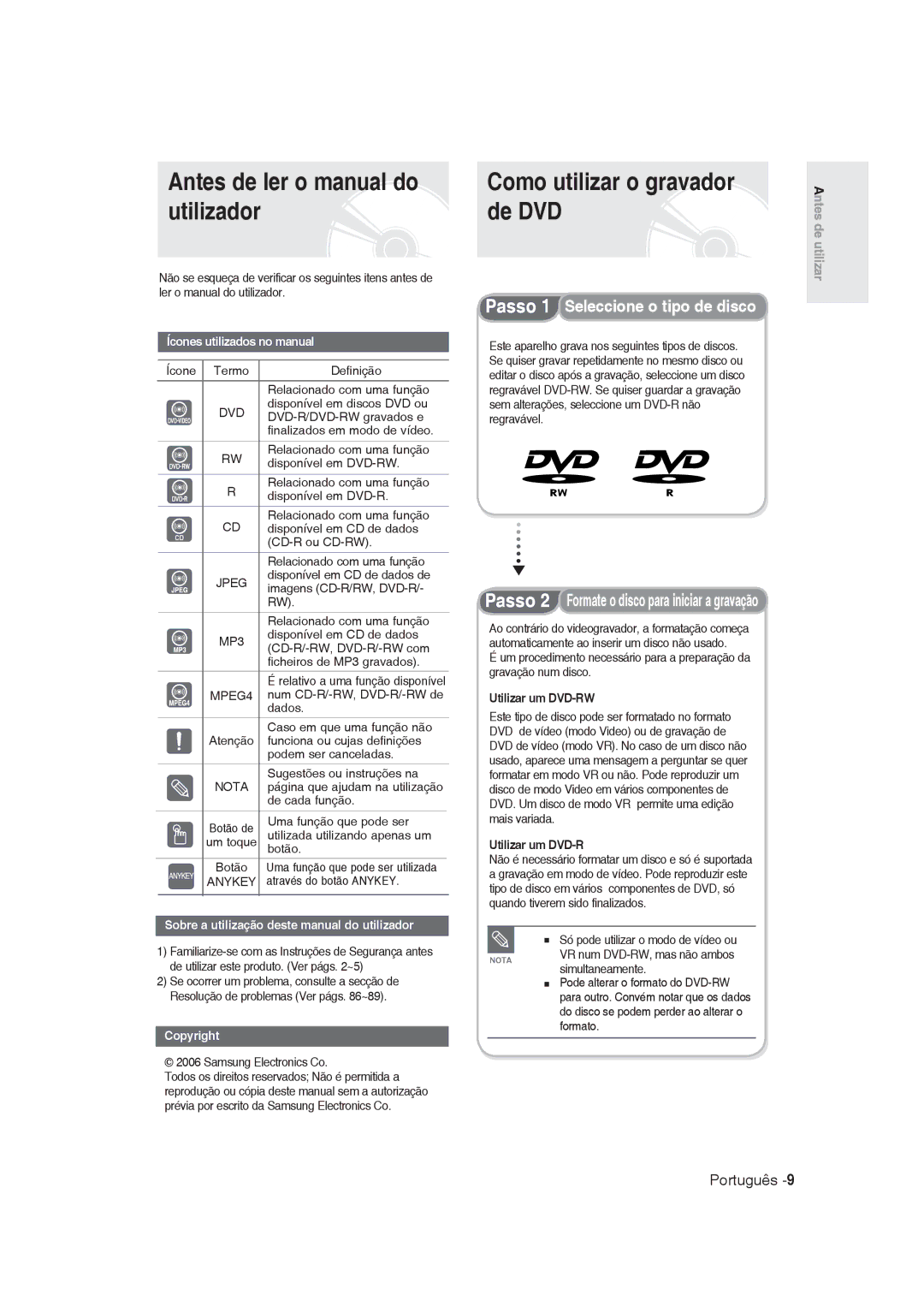 Samsung DVD-R129/XEB Antes de ler o manual do utilizador, Como utilizar o gravador de DVD, Utilizar um DVD-RW 