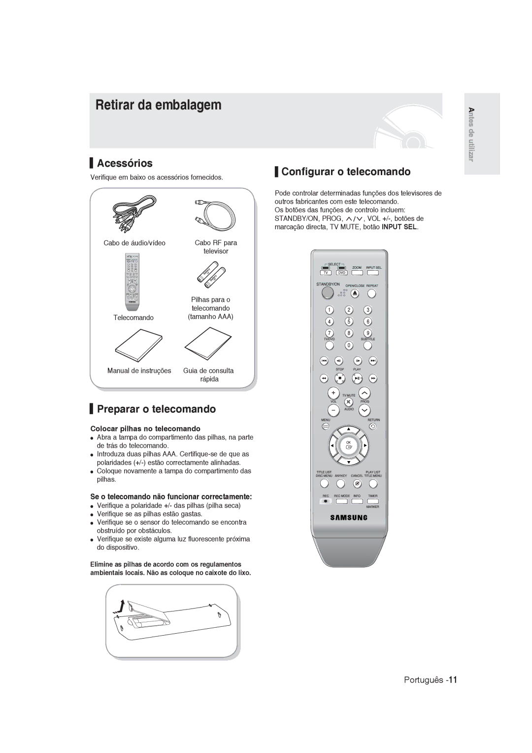 Samsung DVD-R128/XEB, DVD-R128/XET manual Retirar da embalagem, Acessórios, Preparar o telecomando, Configurar o telecomando 