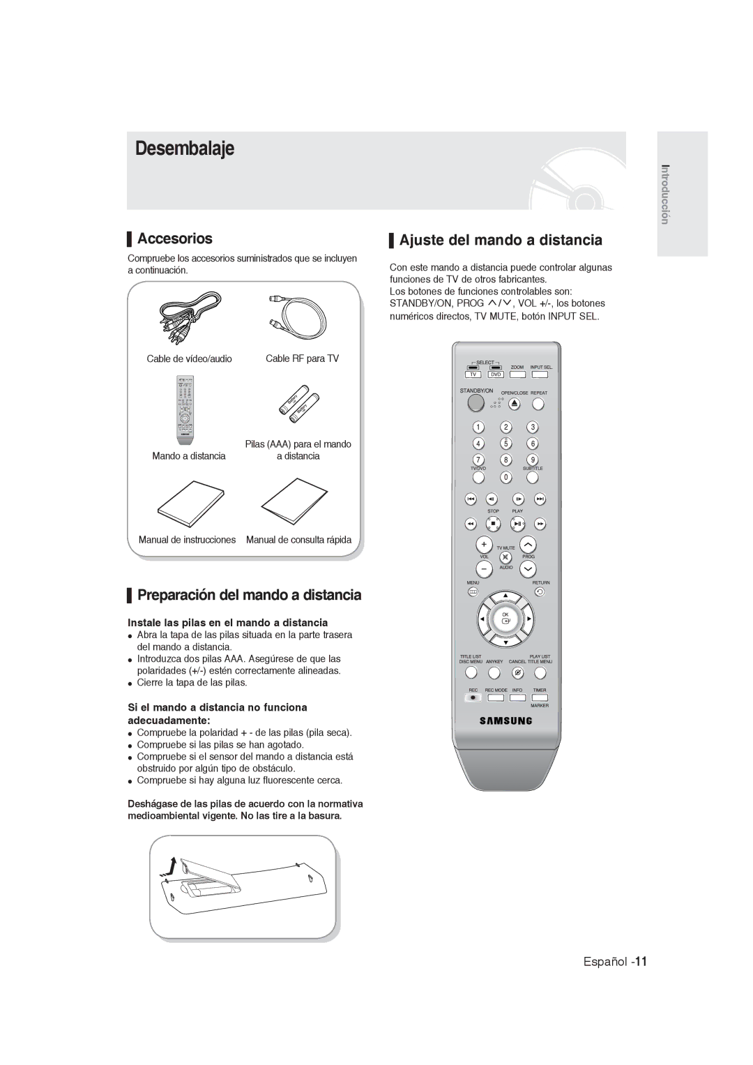 Samsung DVD-R128/XEN manual Desembalaje, Accesorios, Preparación del mando a distancia, Ajuste del mando a distancia 