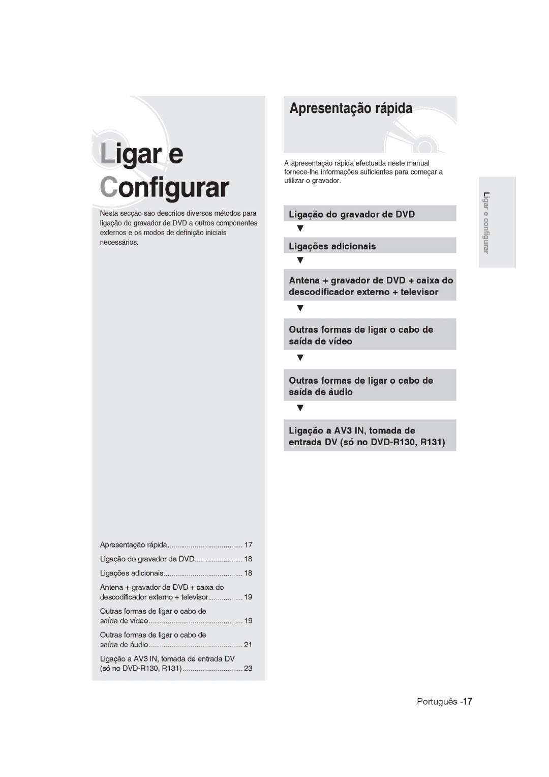 Samsung DVD-R128/XEN manual Apresentação rápida, Ligação do gravador de DVD Ligações adicionais, Só no DVD-R130, R131 