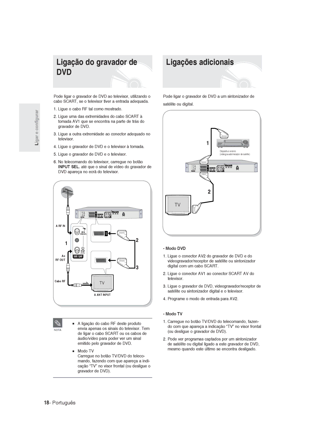 Samsung DVD-R130/XEN, DVD-R128/XET, DVD-R128/XEG, DVD-R129/XEG, DVD-R129/XEB manual Ligação do gravador de, Ligações adicionais 