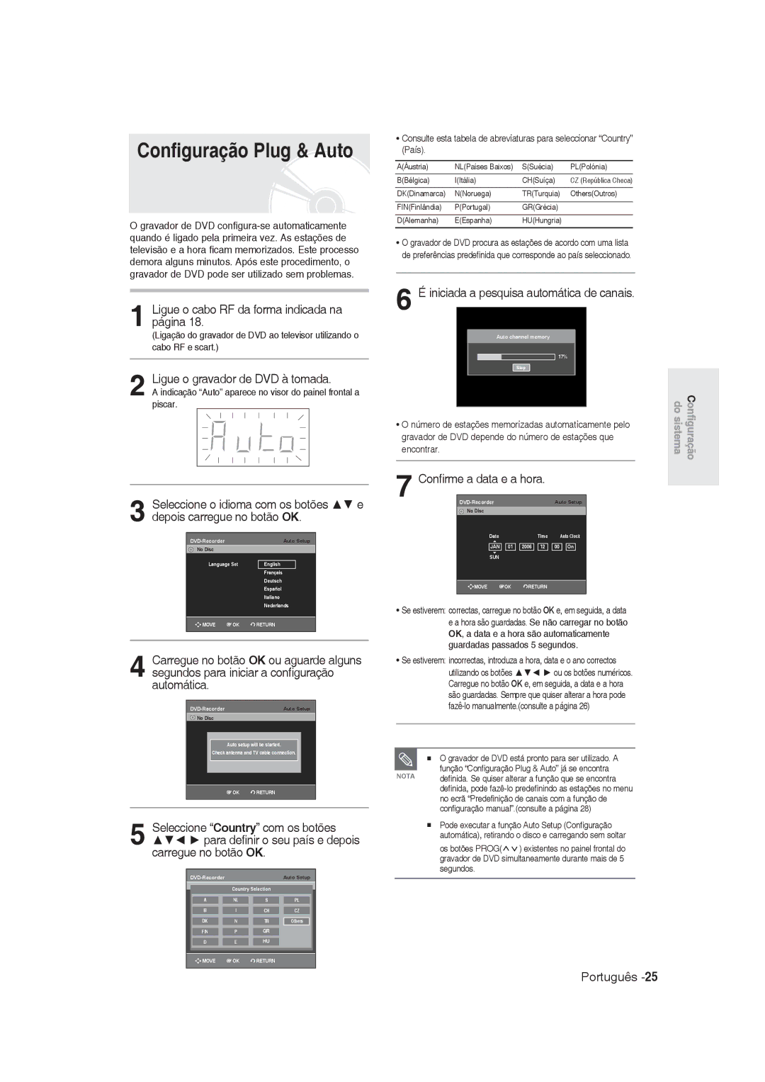 Samsung DVD-R130/XEC manual Configuração Plug & Auto, Ligue o cabo RF da forma indicada na página, Confirme a data e a hora 